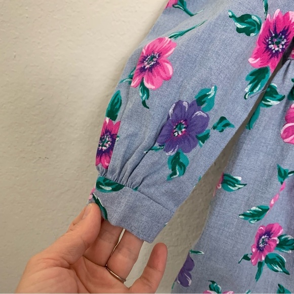 Vintage Toddler Girl Floral Polka Dot Dress 3T Big Collar Chambray 80s Cute Pink - Picture 6 of 14